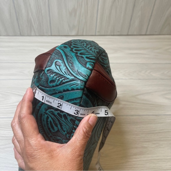 Artesanal Hand Tooled & Painted Vegan Leather Handbag Clutch Brown Turquoise - Picture 11 of 15